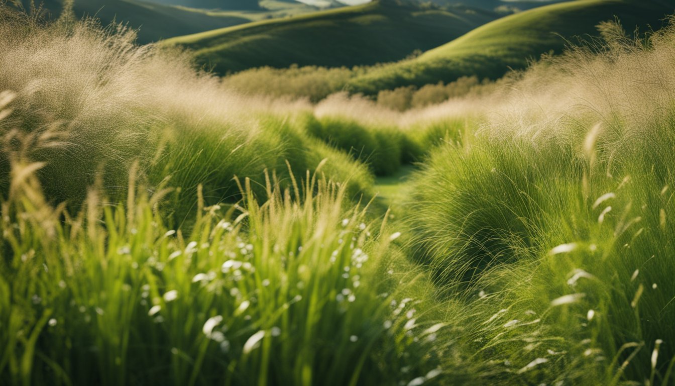 A lush garden landscape with rolling hills and native UK grasses thriving, preventing soil erosion