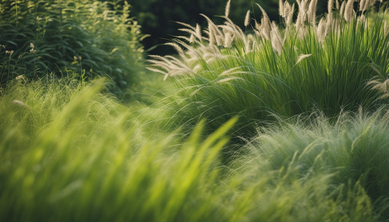 A lush garden with various native UK grasses planted in strategic locations to prevent erosion