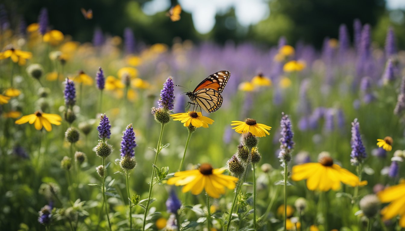 A lush garden filled with native UK wildflowers, buzzing with bees and fluttering with colorful butterflies