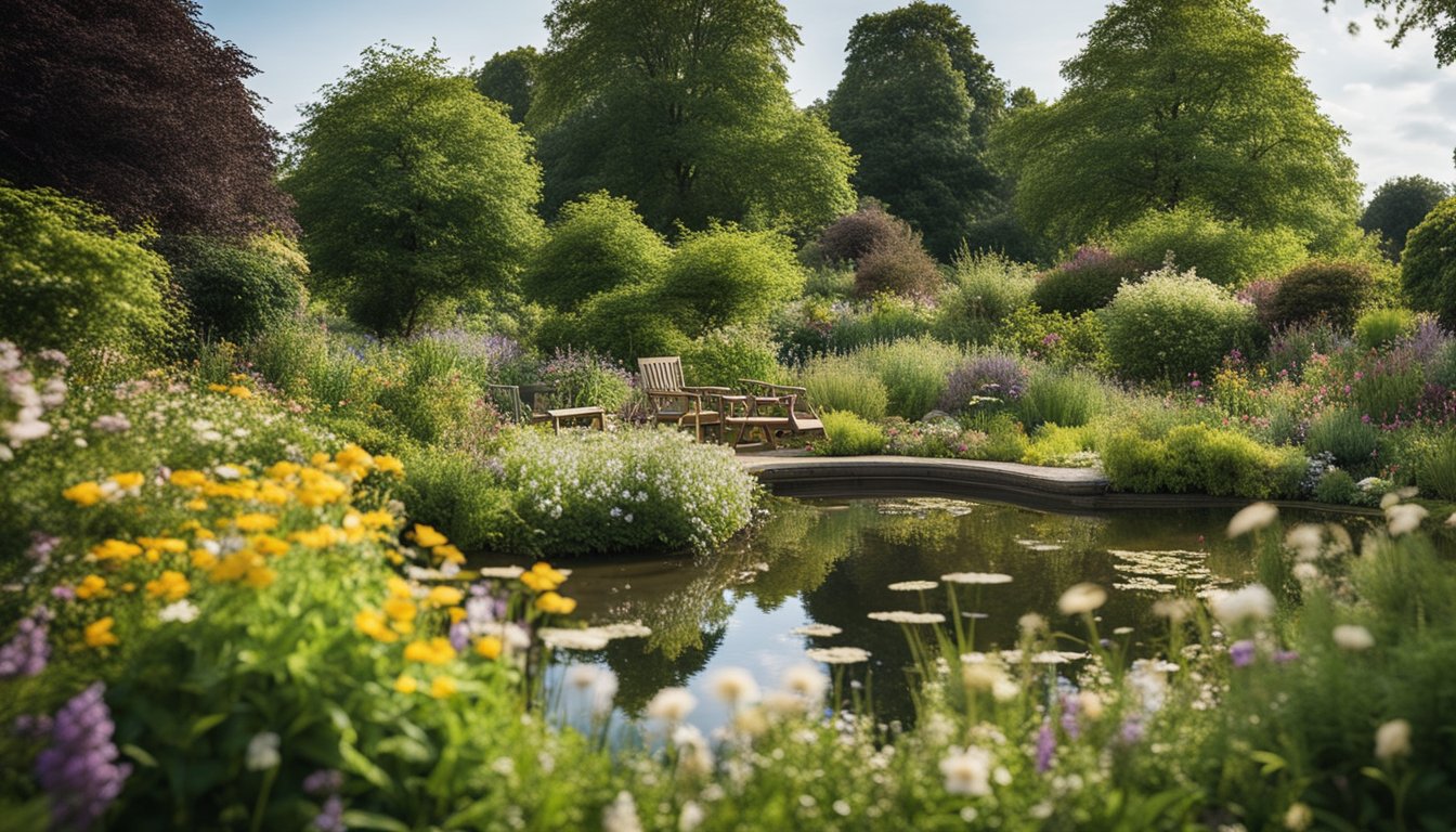 A lush garden filled with native UK flowers, buzzing with bees and fluttering with butterflies, surrounded by trees and a small pond