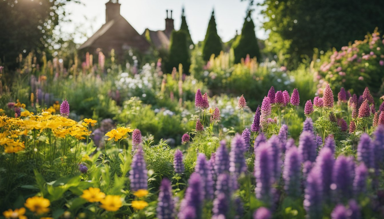 A lush garden bed filled with colorful native UK perennials, blooming in a well-maintained low-maintenance garden