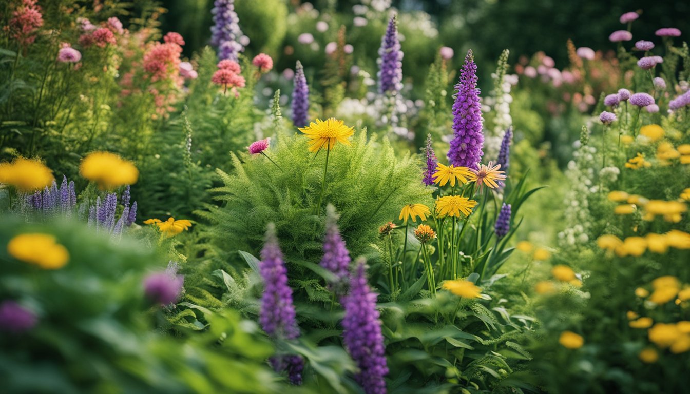 A lush garden filled with native UK perennials, featuring a variety of colorful flowers and foliage arranged in a low-maintenance design