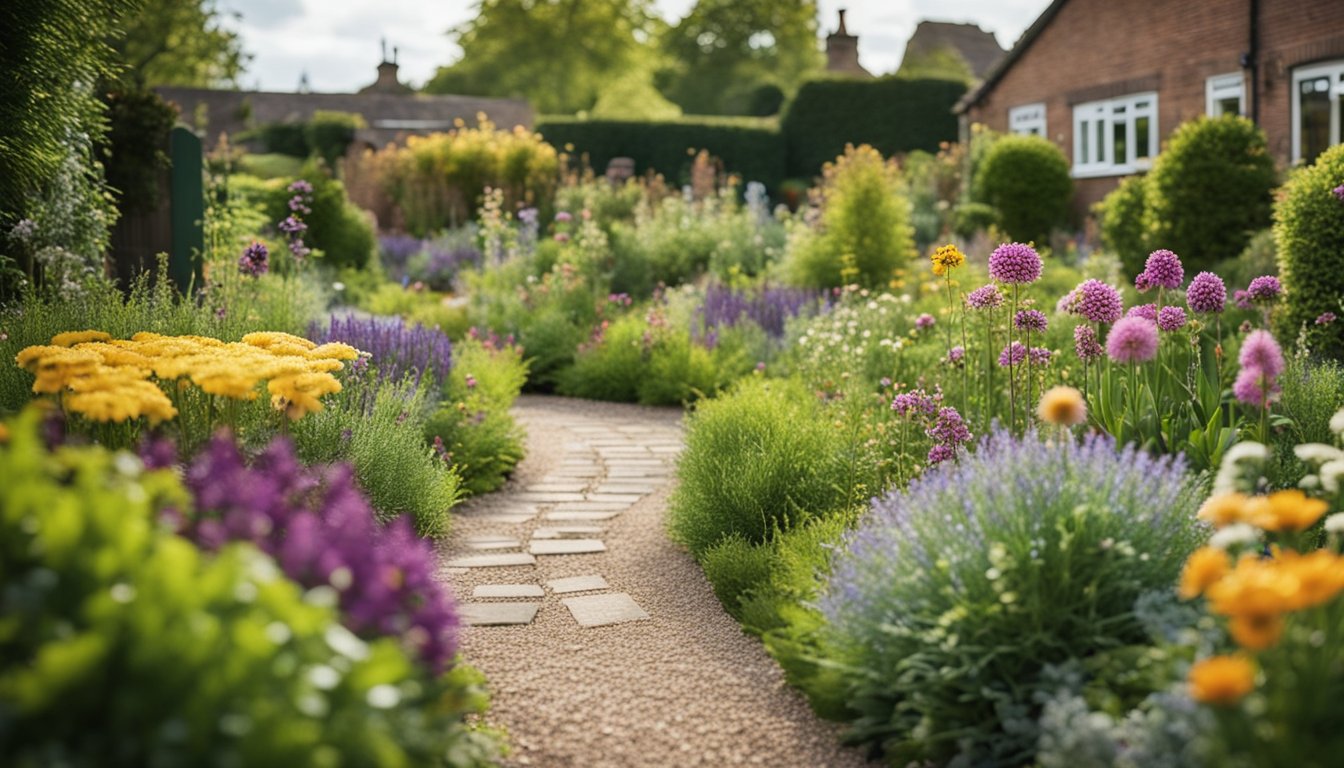 A colorful garden bed with native UK perennials in full bloom, surrounded by well-maintained pathways and a neatly trimmed lawn