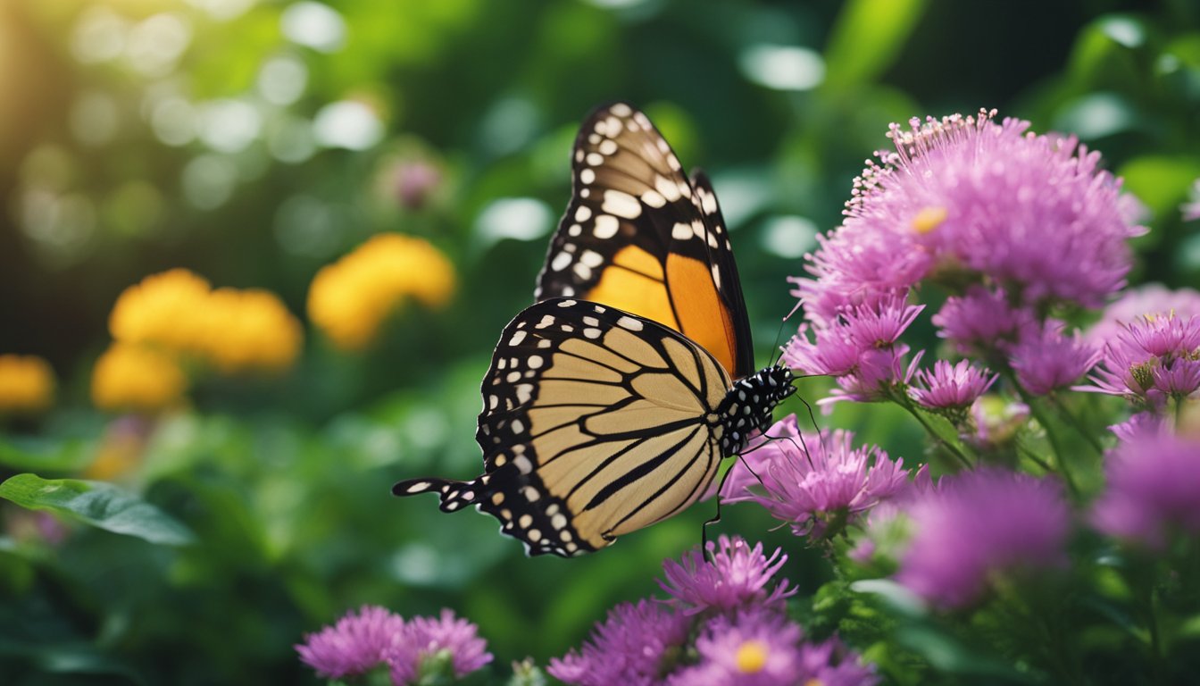 A lush garden filled with native plants, blooming flowers, and a variety of colorful butterflies fluttering among the greenery