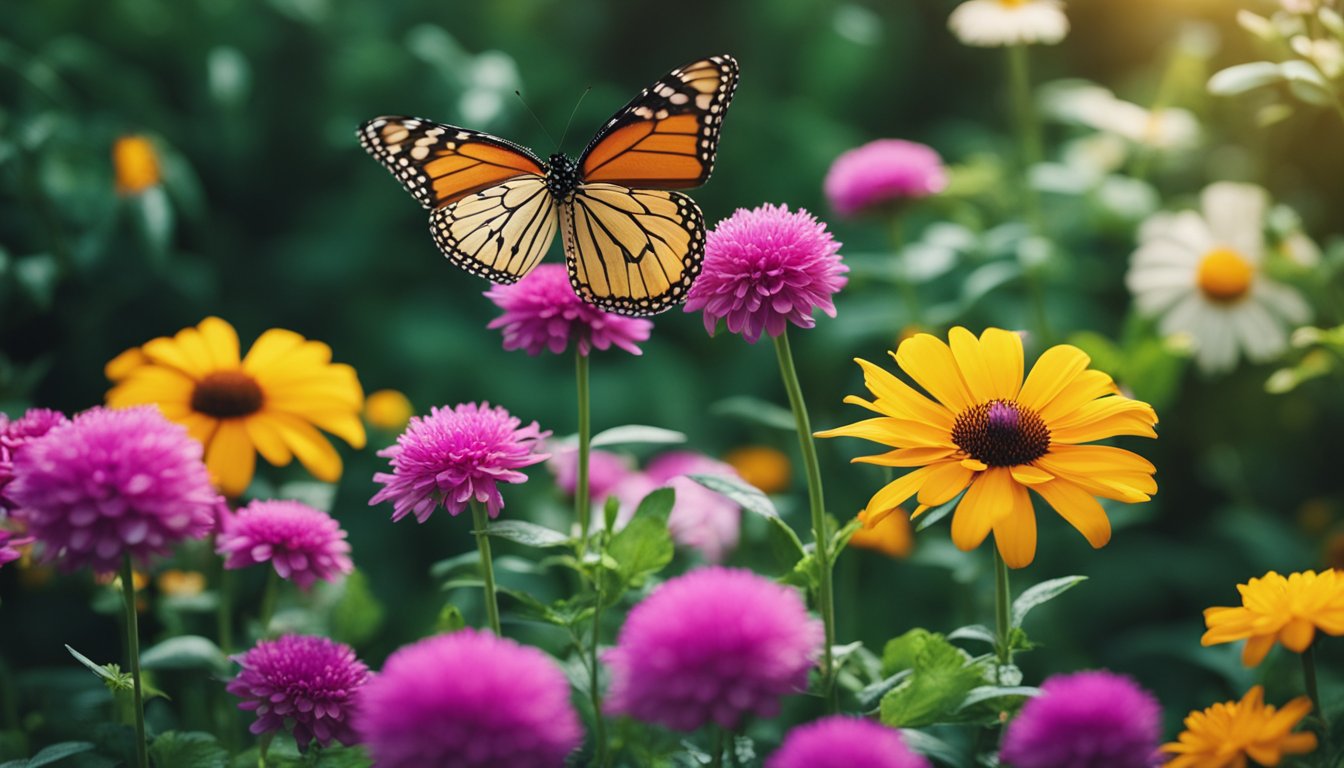 A lush garden filled with colorful flowers and plants, with butterflies fluttering around and sipping nectar from the blooms