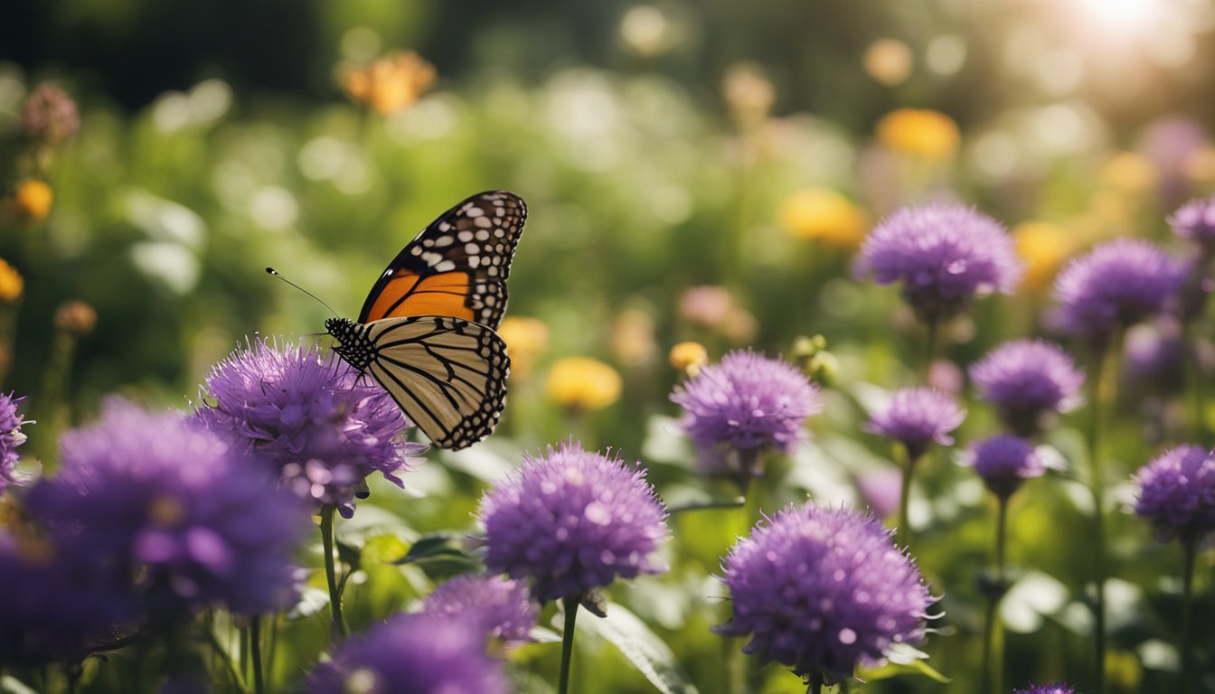 A lush garden in the UK, filled with native flowers and plants, with colorful butterflies fluttering around