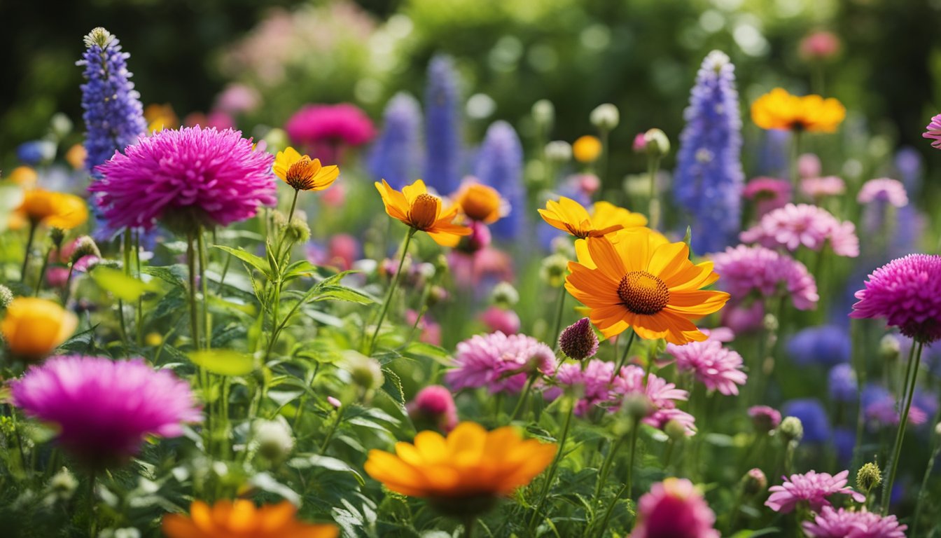 A lush garden filled with vibrant UK native annual flowers in full bloom, creating a beautiful and colorful display of natural beauty