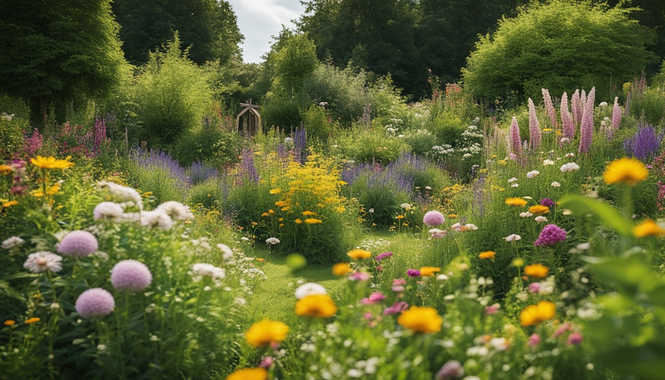 A lush garden filled with vibrant UK native annual flowers in full bloom, attracting bees and butterflies