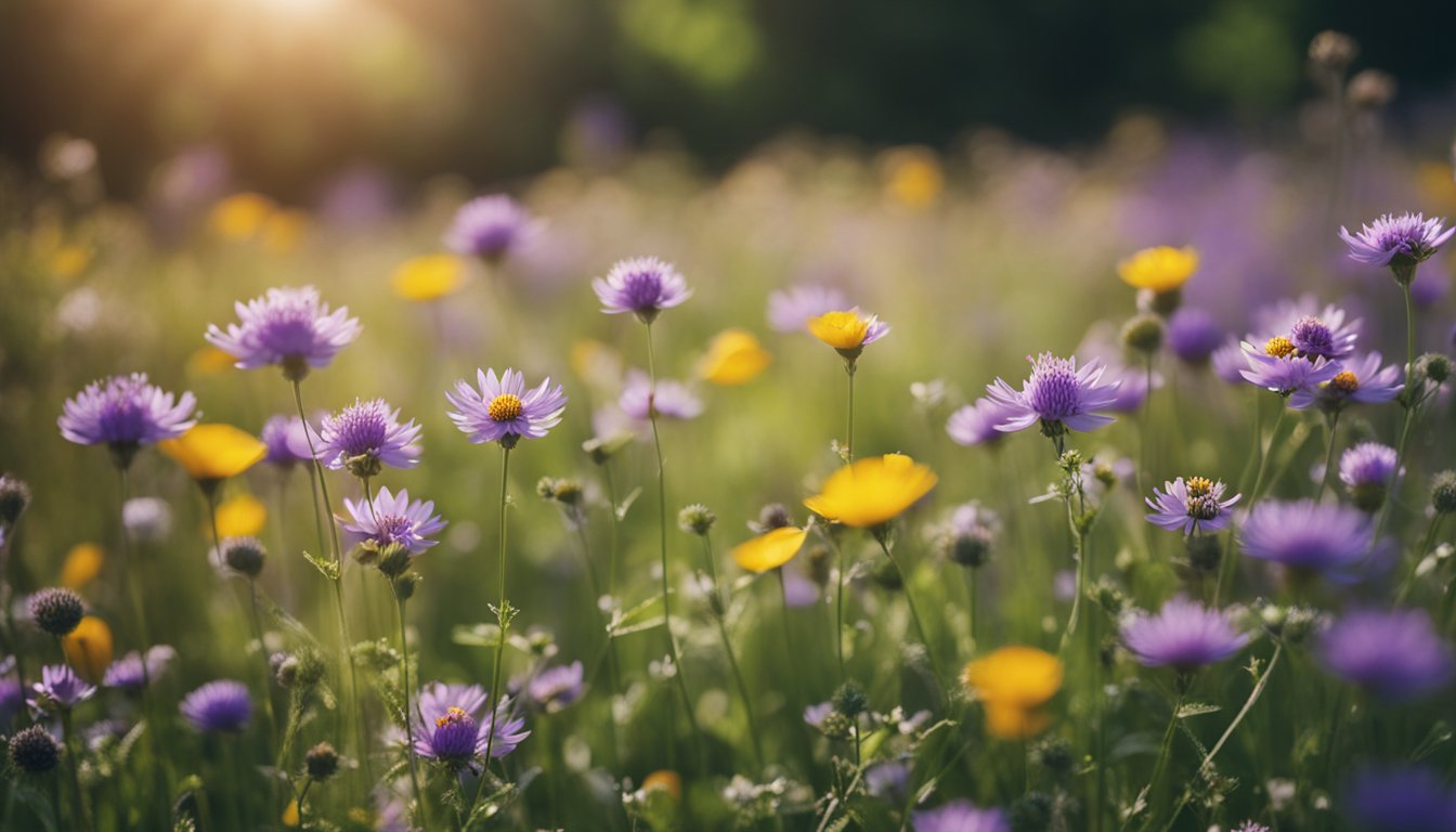 A colorful UK wildflower meadow blooms with diverse native plants, attracting pollinators and providing natural beauty