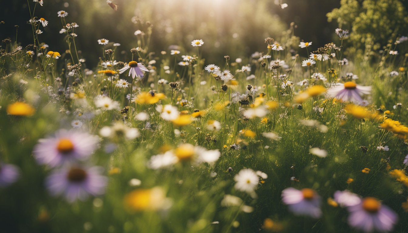 A lush, colorful meadow filled with native UK wildflowers, buzzing with bees and butterflies