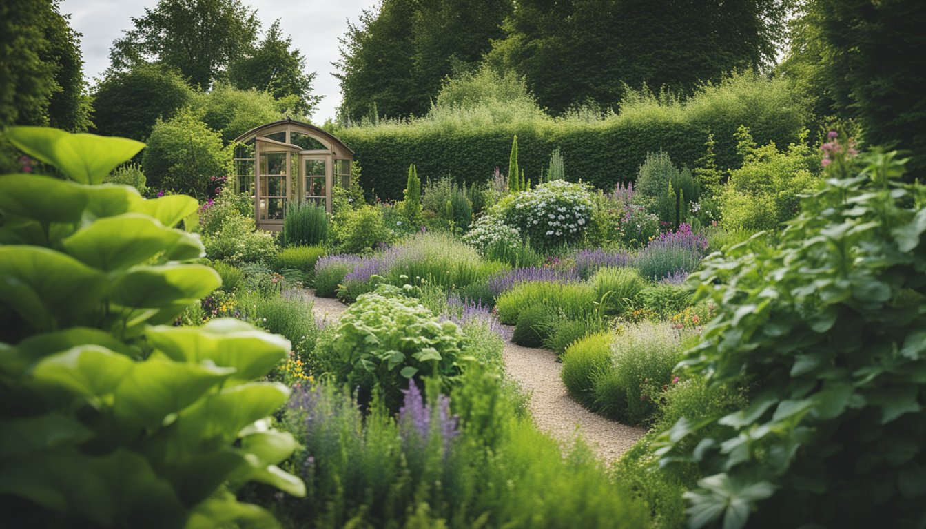 A lush UK garden with various plants growing close together, showcasing the benefits of companion planting