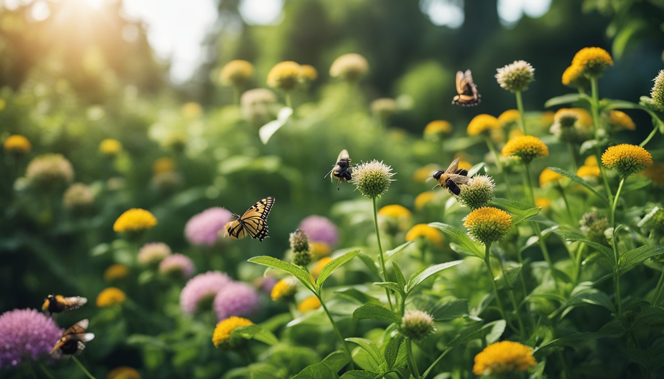 A lush garden with diverse plant species intertwining and wildlife, such as bees and butterflies, interacting with the plants