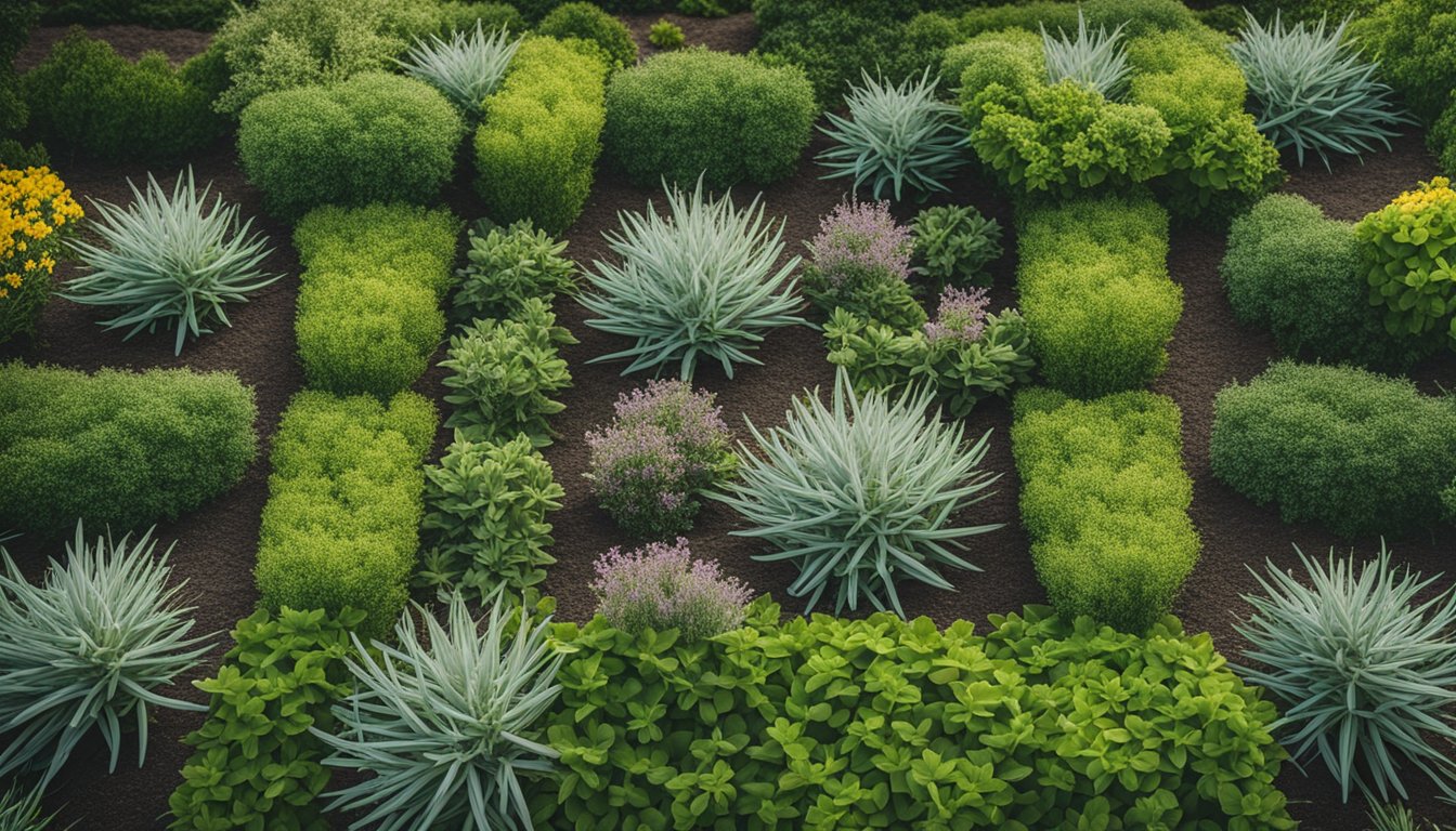 A lush UK garden filled with native herbs and spices, featuring rosemary, thyme, sage, and other aromatic plants arranged in a symmetrical and organized design