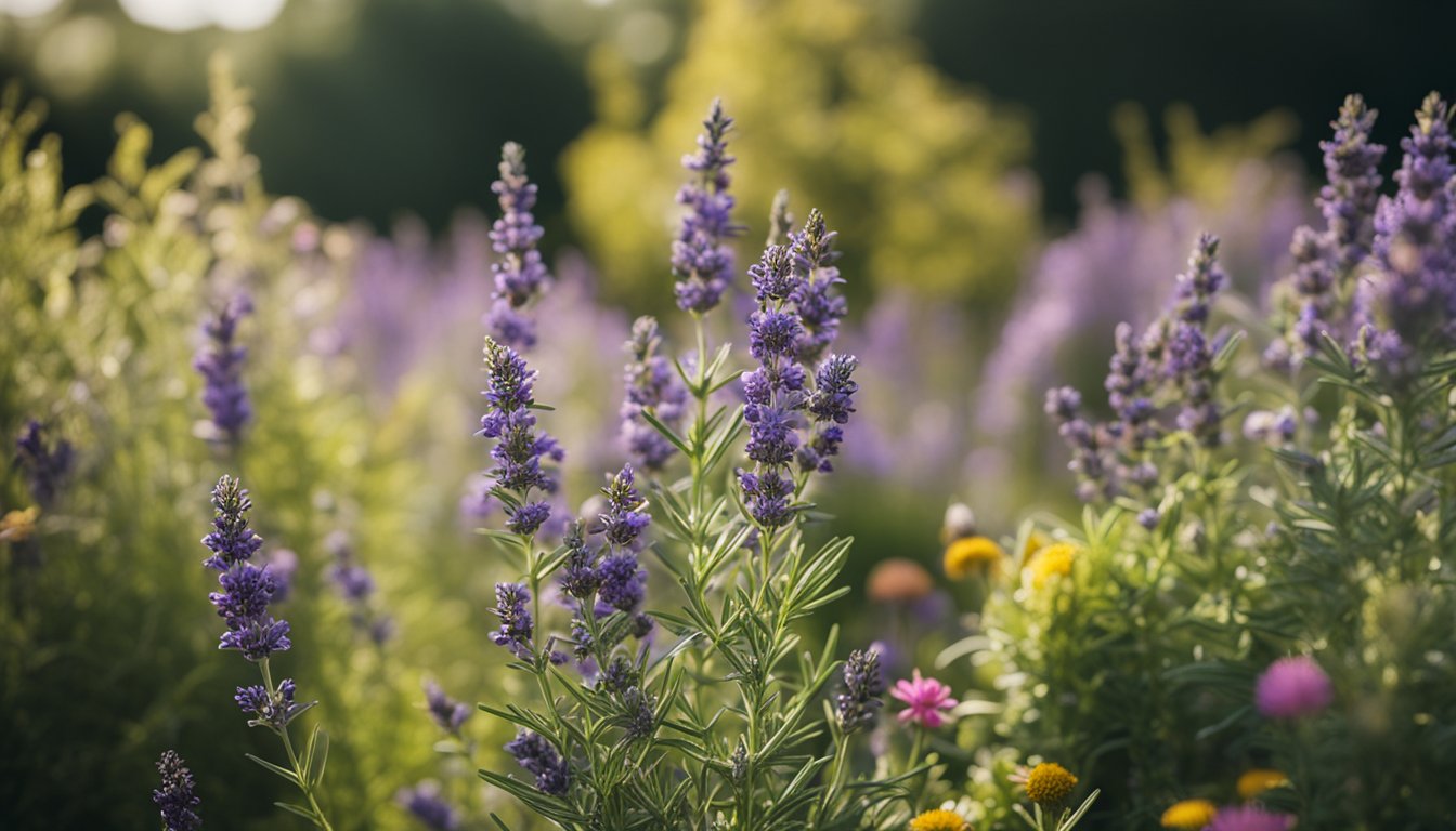 A lush garden filled with native UK herbs and spices, featuring rosemary, thyme, and lavender bushes, surrounded by vibrant flowers and buzzing bees