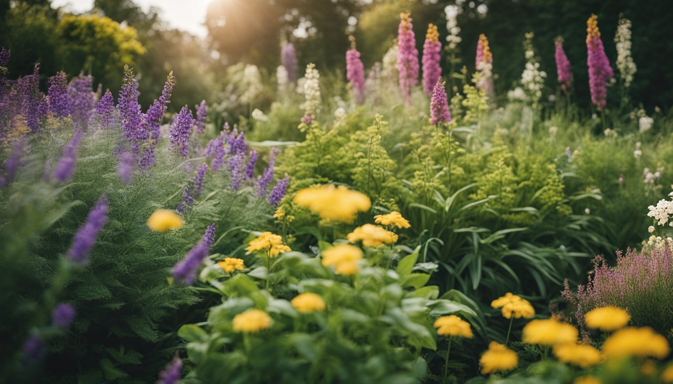 A vibrant garden filled with native UK plants in full bloom, showcasing a variety of colors and textures for each season