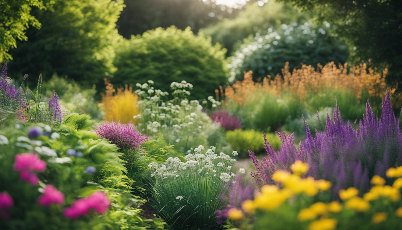 A lush garden bursting with colorful UK native plants, arranged in a harmonious design that changes with the seasons