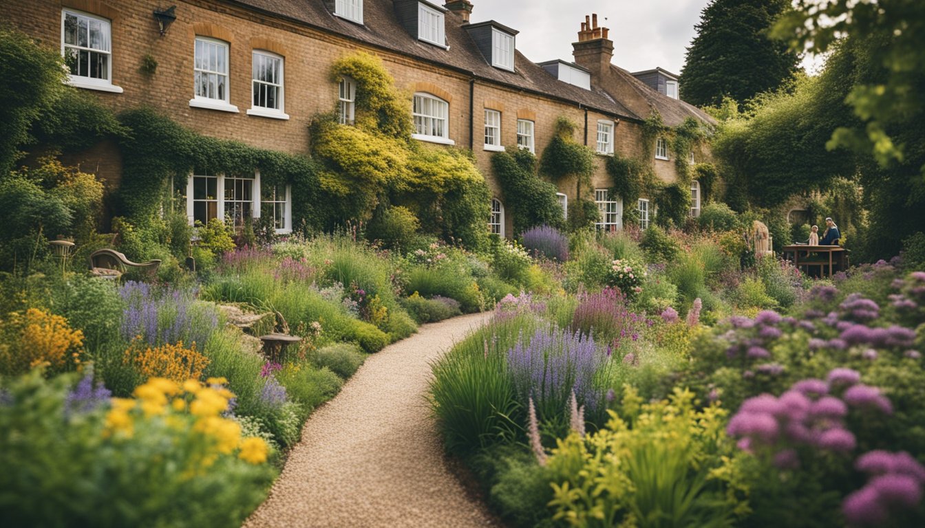 A lush garden filled with vibrant UK native plants in various seasonal colors, surrounded by curious onlookers seeking advice