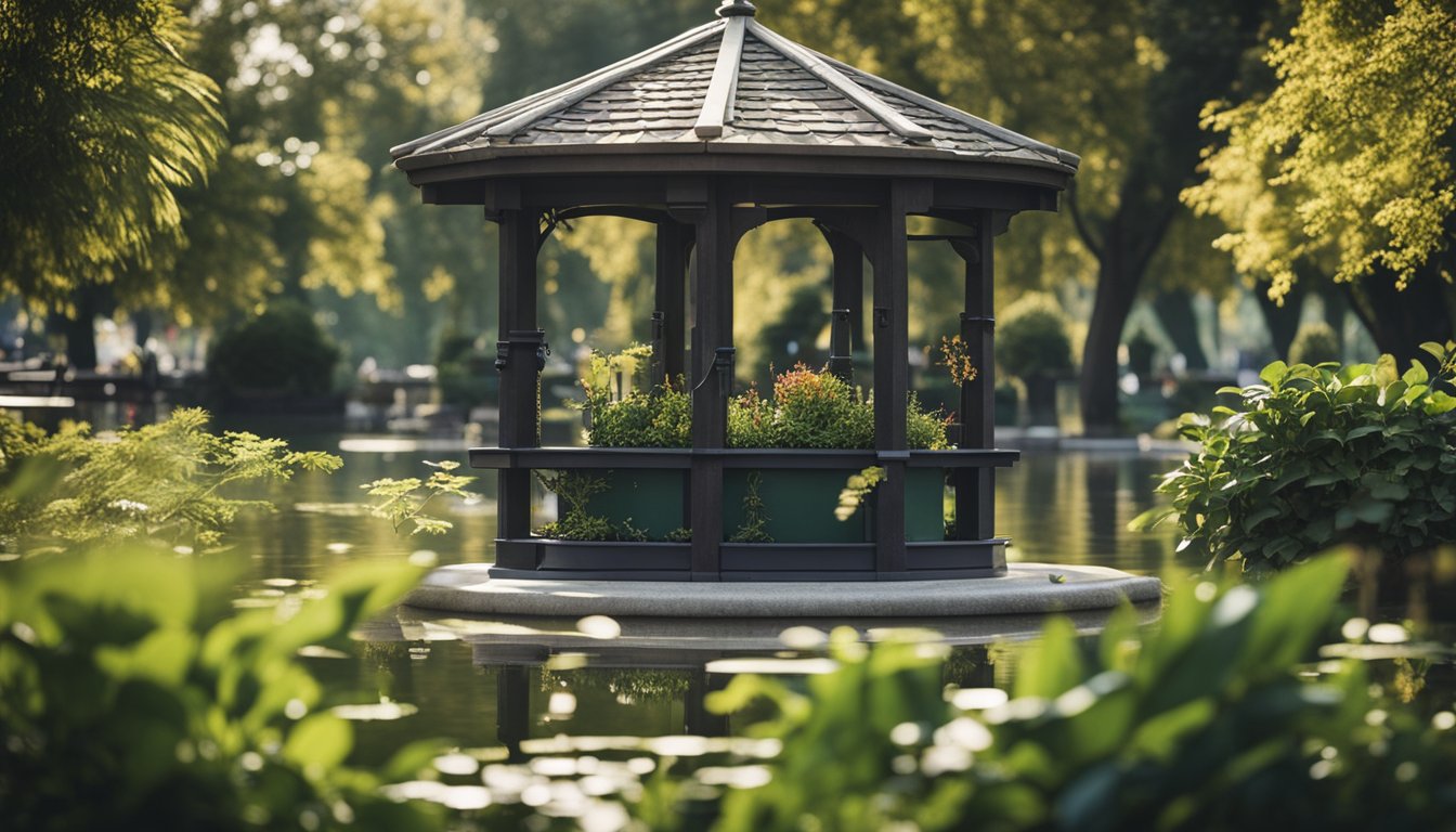 A bustling city park with diverse plantings, water features, and wildlife-friendly structures like birdhouses and bat boxes