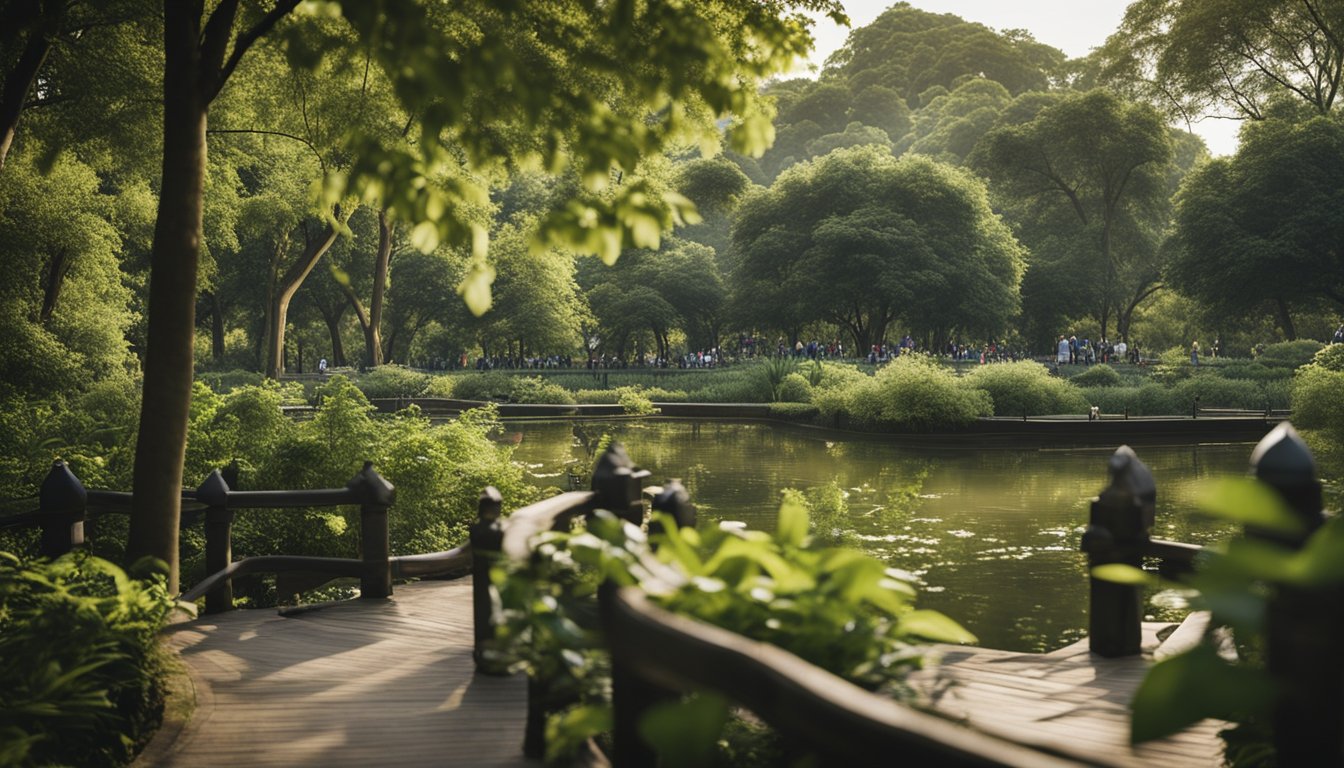 A bustling city park with diverse wildlife coexisting among lush greenery and strategically placed habitats