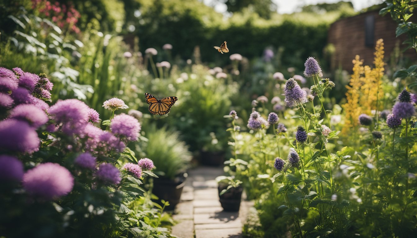 A lush urban garden filled with native UK plants in full bloom, attracting bees and butterflies, with a mix of shrubs, flowers, and grasses creating a diverse and vibrant native plant community