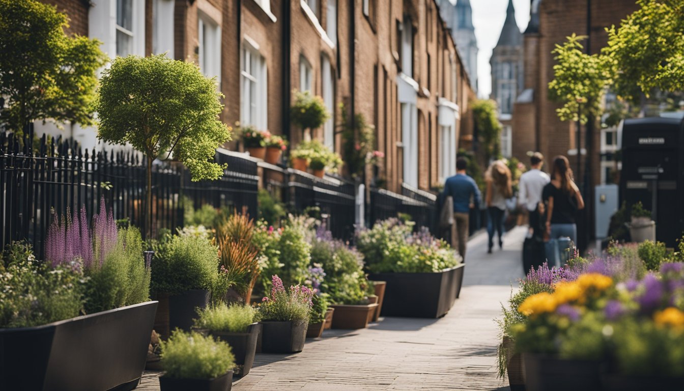 A bustling city street lined with colorful urban gardens featuring native UK plants in innovative arrangements