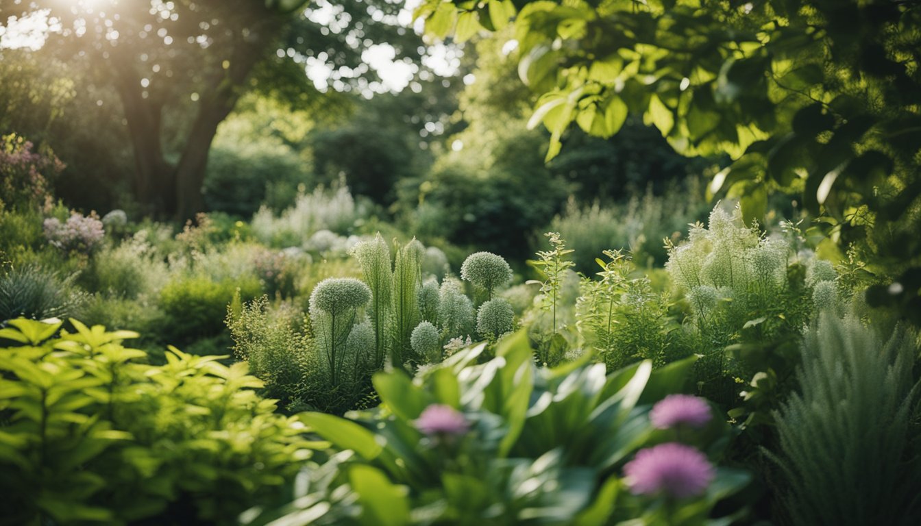 Native UK plants flourishing in a well-maintained botanical garden, surrounded by signs of conservation and sustainability efforts