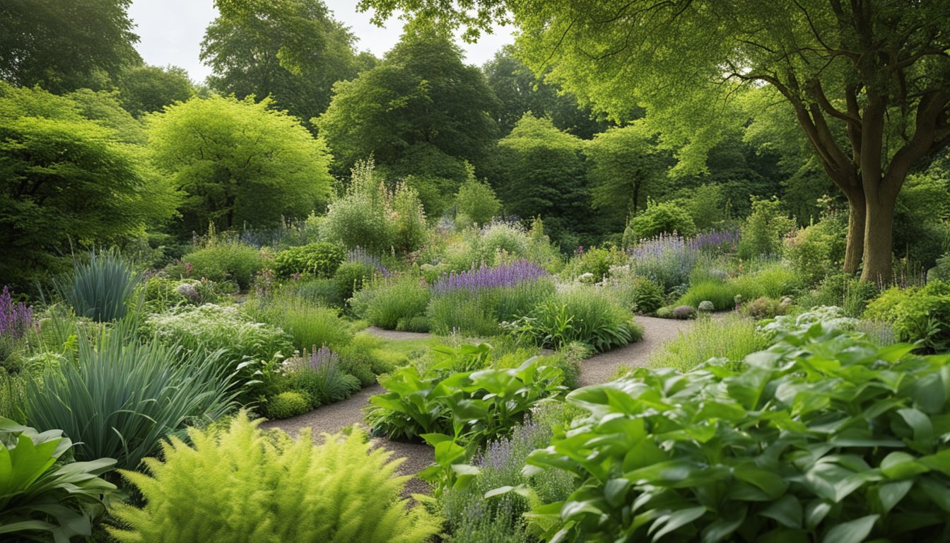 A lush green garden with a variety of native UK plants, carefully tended to by a gardener. The plants are labeled with small signs indicating their species