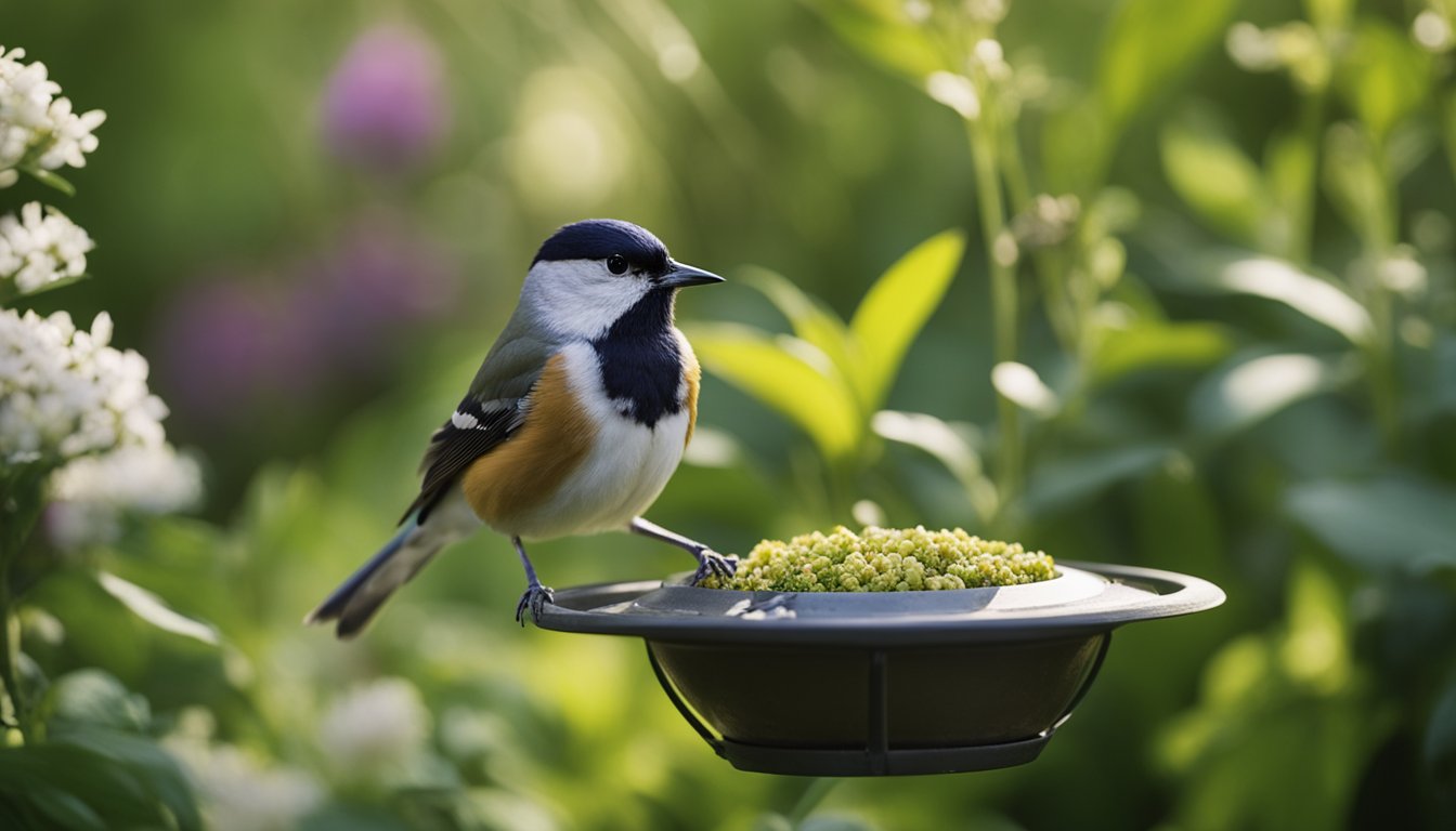 A lush garden filled with native UK plants, blooming flowers, and various bird species perched on branches and feeding from bird feeders