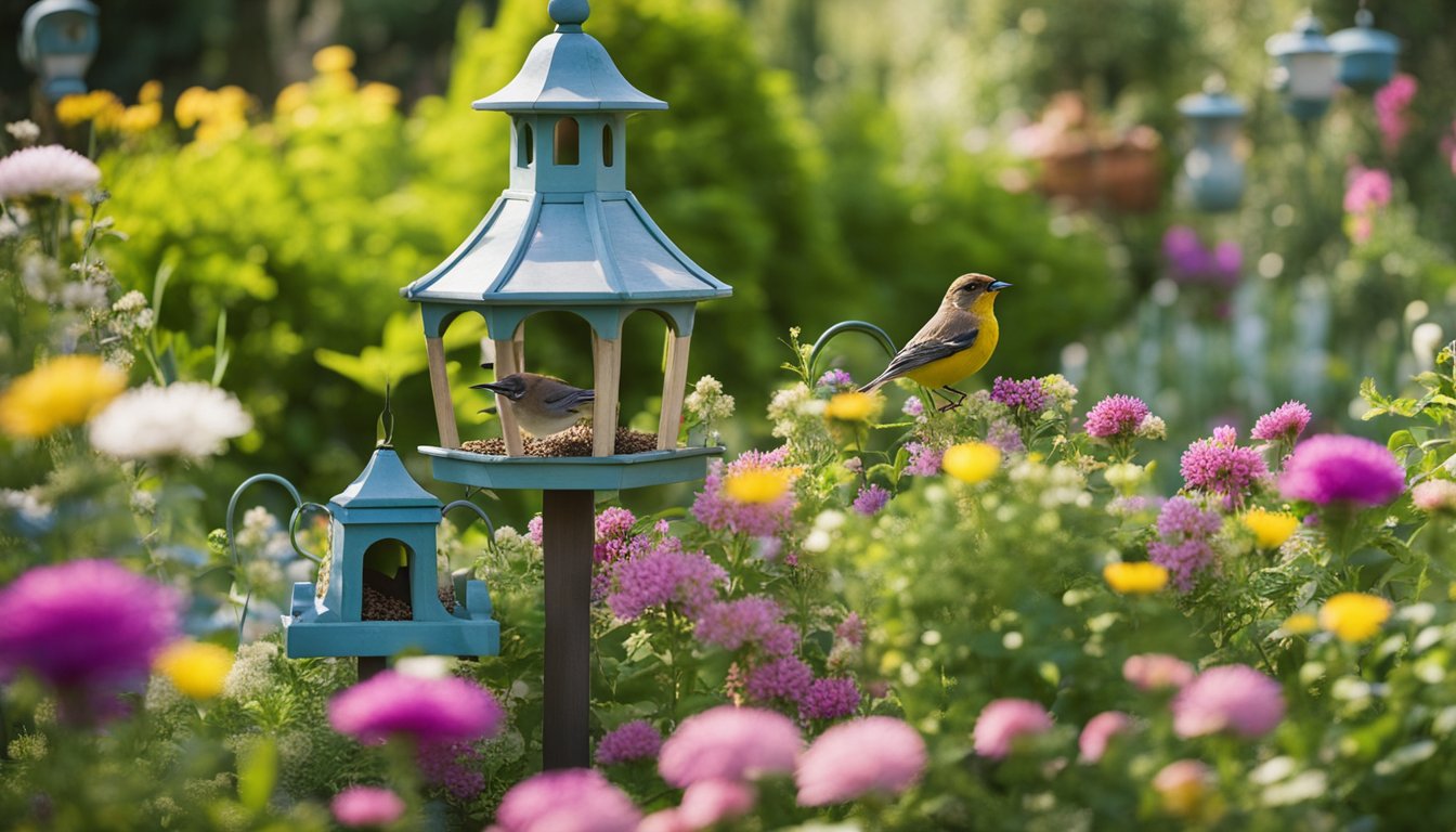 A garden filled with native plants and blooming flowers, with various bird feeders and birdhouses scattered throughout, attracting a colorful array of bird life