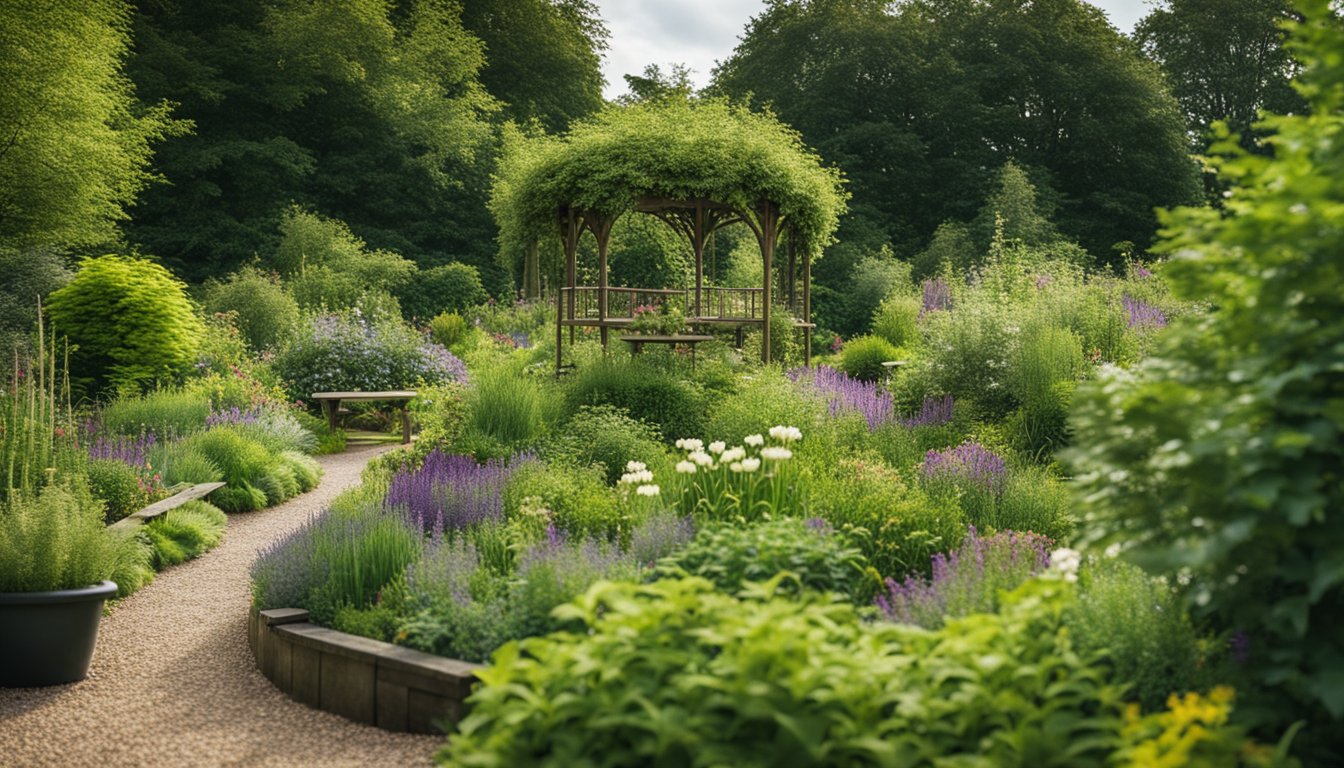 A lush garden filled with native UK plants, attracting a variety of birds. Bird feeders and birdbaths are strategically placed among the greenery