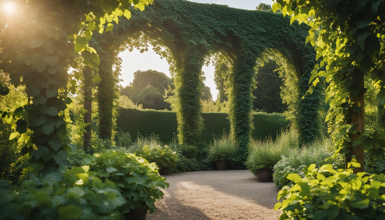 A lush garden bursting with native UK vines creatively woven into arches, trellises, and living walls, adding natural beauty and ecological benefits to the landscape