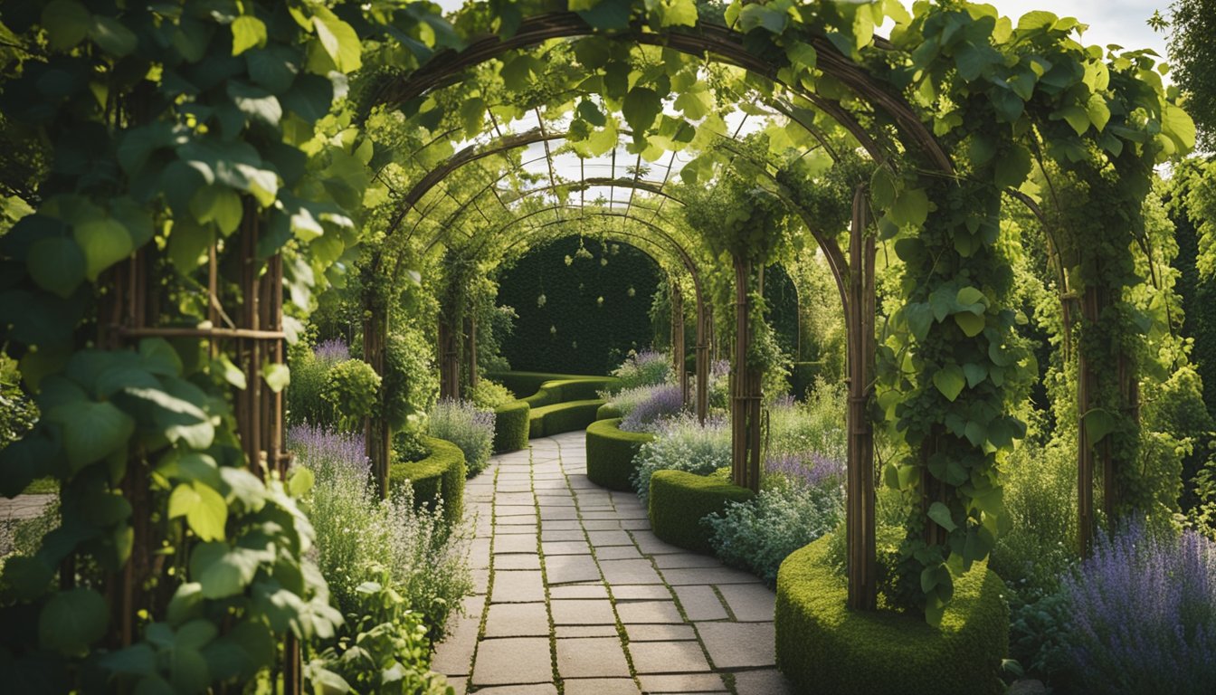 A lush garden with intertwining native UK vines climbing up trellises and weaving through arbors, adding natural beauty and innovative design to the landscape