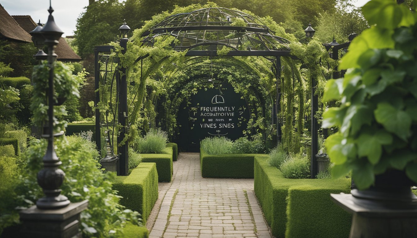 A lush garden with winding UK vines creating unique structures and pathways, accompanied by a sign displaying "Frequently Asked Questions: Innovative Uses for Native UK Vines in Garden Design."