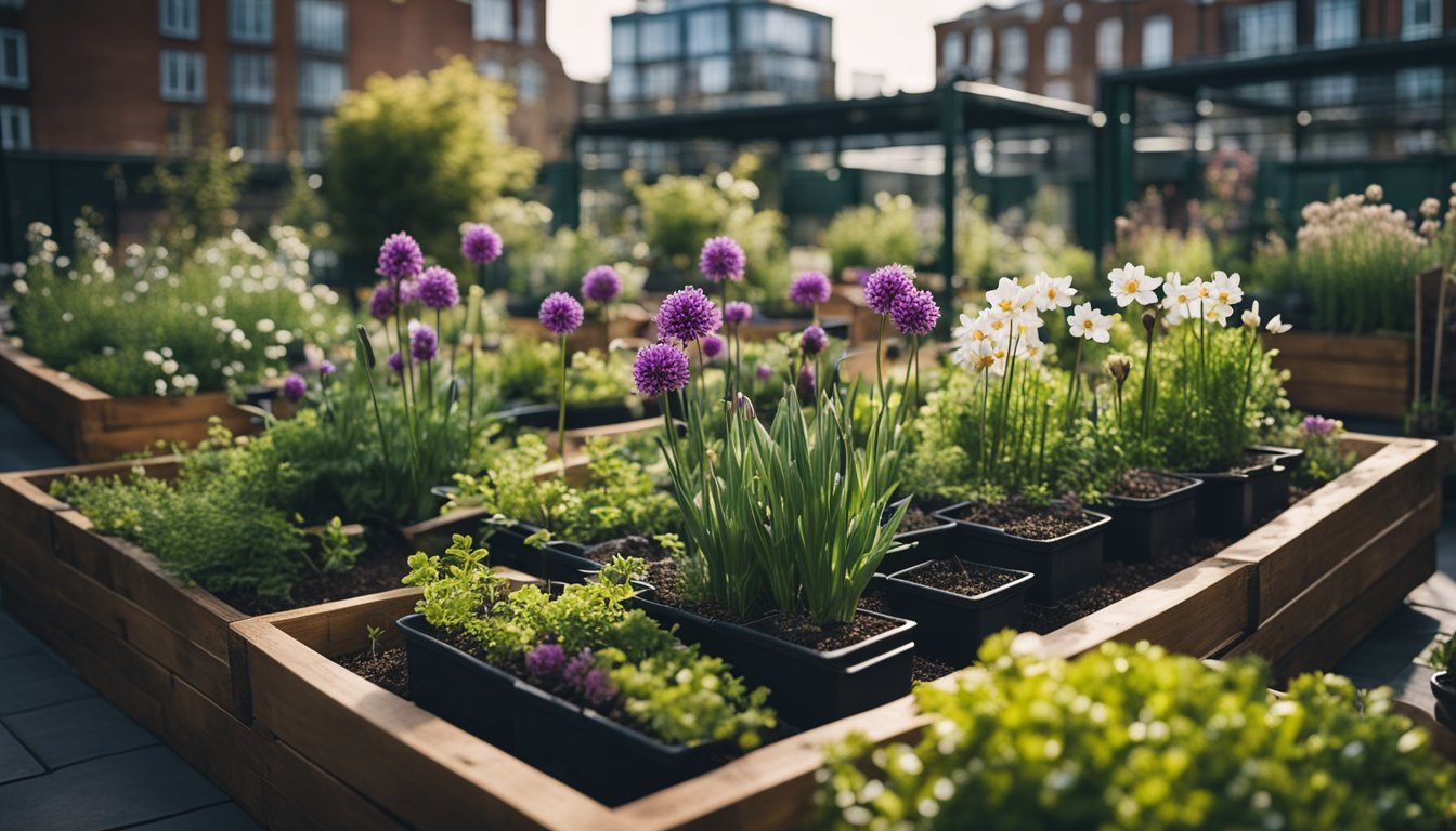 A small urban garden with native UK bulbs blooming in various containers and raised beds, surrounded by city buildings and greenery