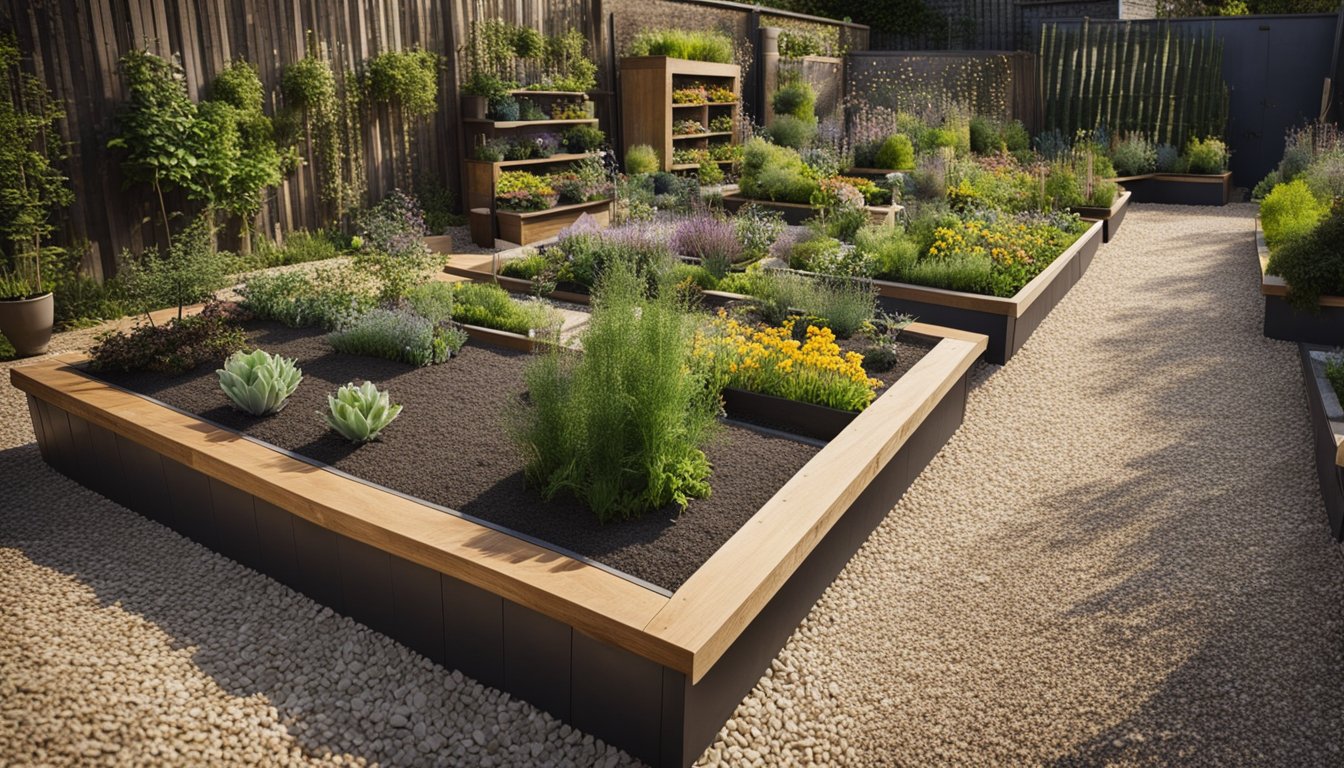 A small urban garden with native UK bulbs planted in raised beds, surrounded by a mix of gravel and paving stones. A pergola provides support for climbing plants, while a variety of containers hold additional bulbs and small shrubs