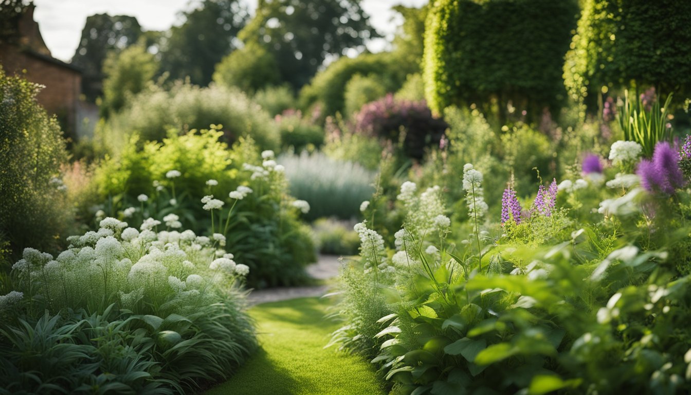 A lush garden with native UK plants intermingling in a harmonious and thriving symbiotic relationship, showcasing key elements and strategic planting