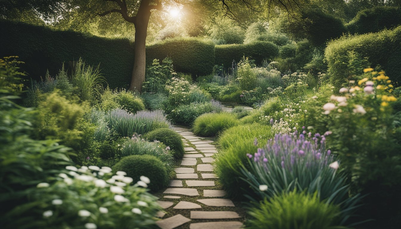 A lush garden with native UK plants intertwined and thriving together, showcasing a harmonious symbiotic relationship