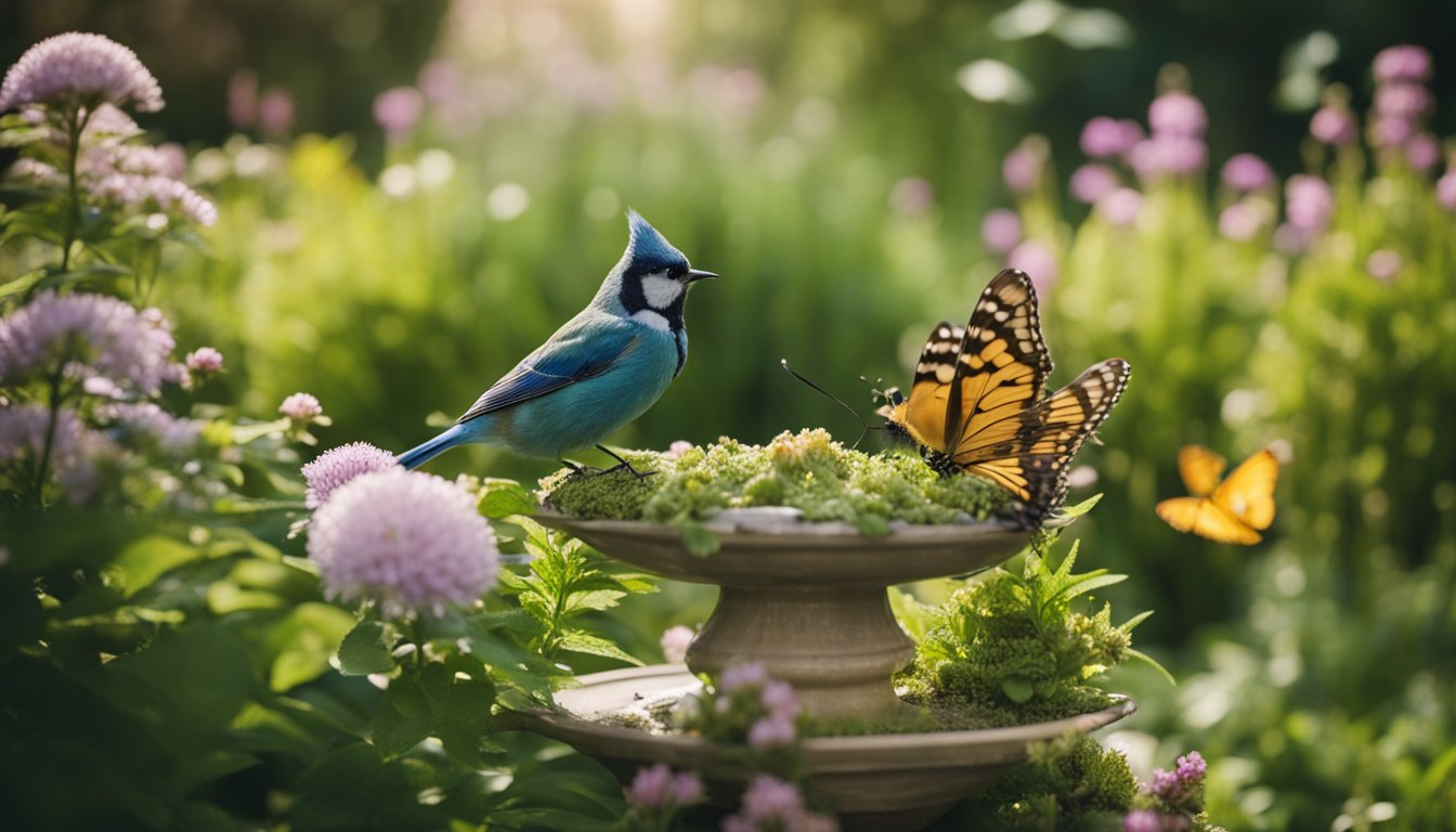 A lush garden with native UK plants, bird feeders, and water features. Various bird species are perched and feeding, while butterflies and bees flit among the flowers