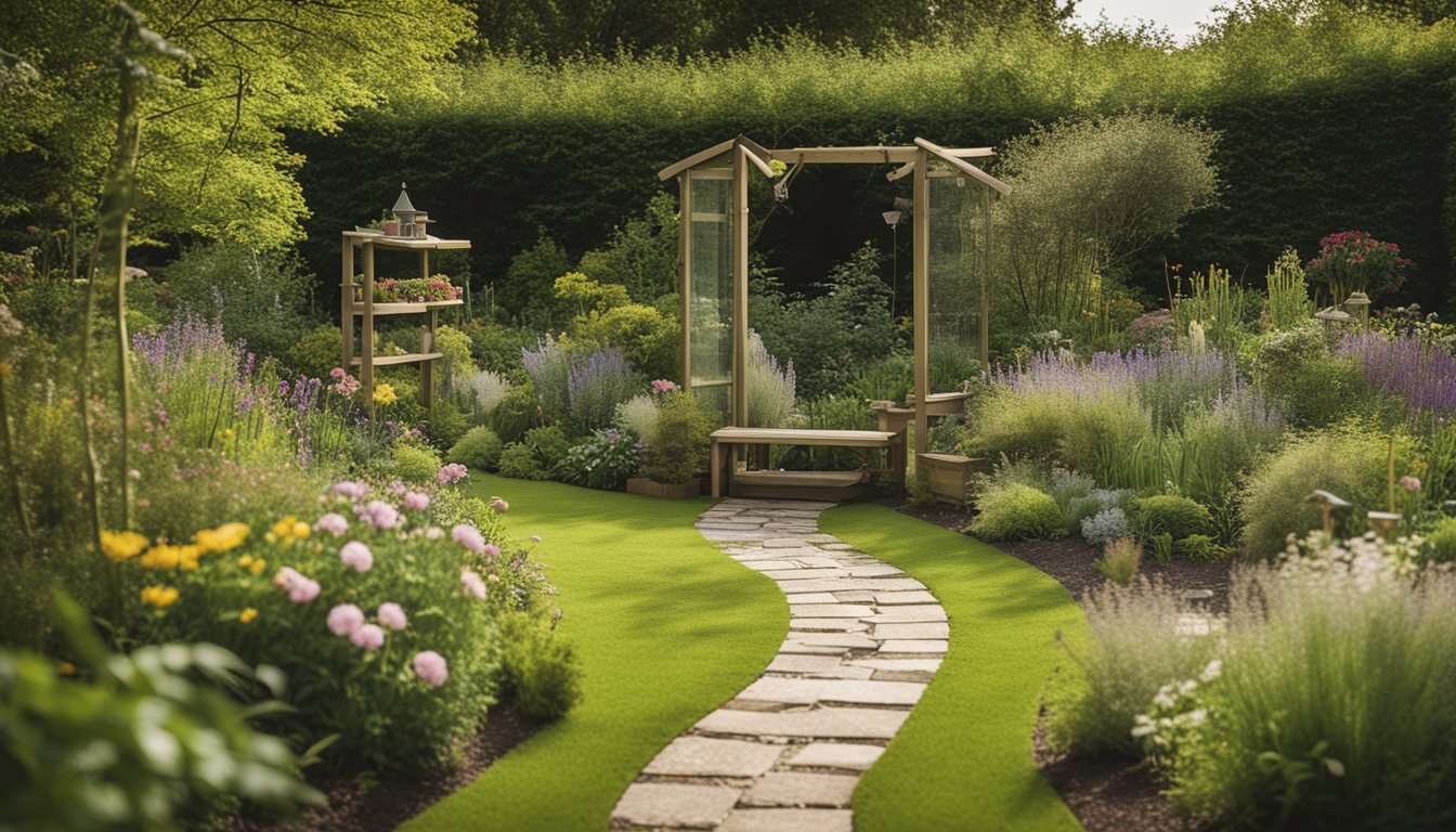A tranquil garden with a variety of native UK plants, bird feeders, and nesting boxes. A winding path leads to a seating area with binoculars and bird identification books
