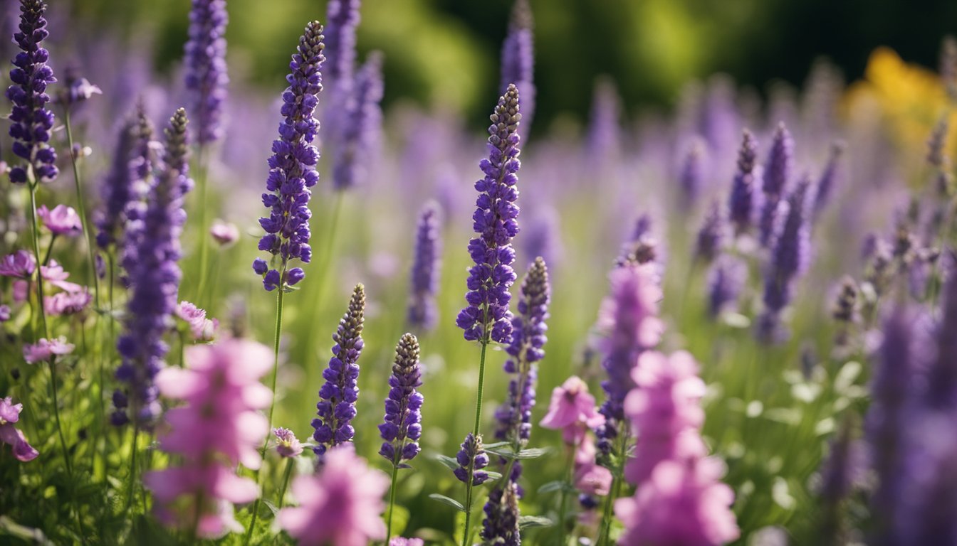 A colorful garden bursting with native UK perennial flowers, including lavender, foxglove, and daisy, blooming in a variety of shapes and sizes