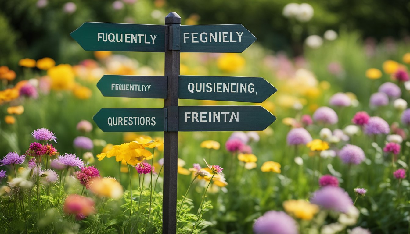 A lush garden filled with colorful native UK perennial flowers, with a signpost labeled "Frequently Asked Questions Gardening" in the background