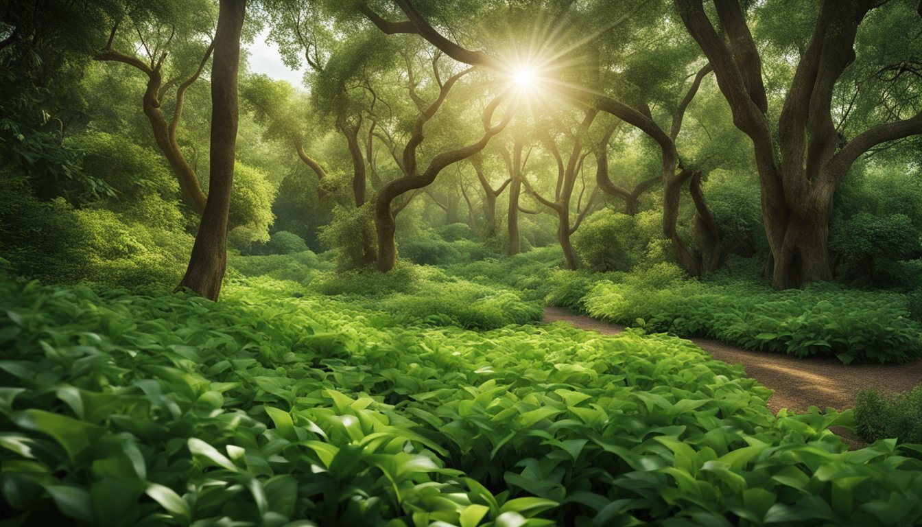 A lush, diverse landscape with trees, bushes, and a variety of wildlife species such as birds, butterflies, and small mammals coexisting in a natural habitat