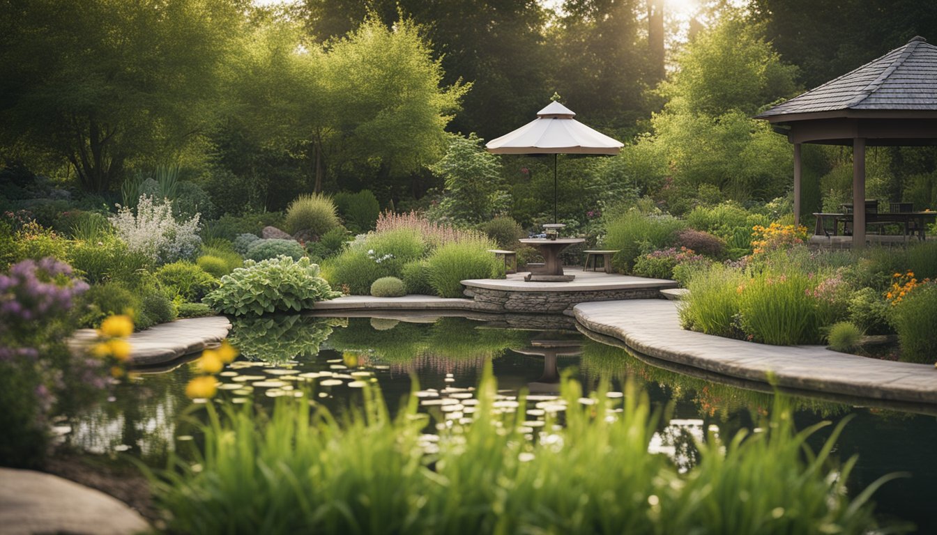 A serene backyard garden with native plants, a small pond, and bird feeders. Various wildlife, such as birds, butterflies, and small mammals, are enjoying the natural habitat