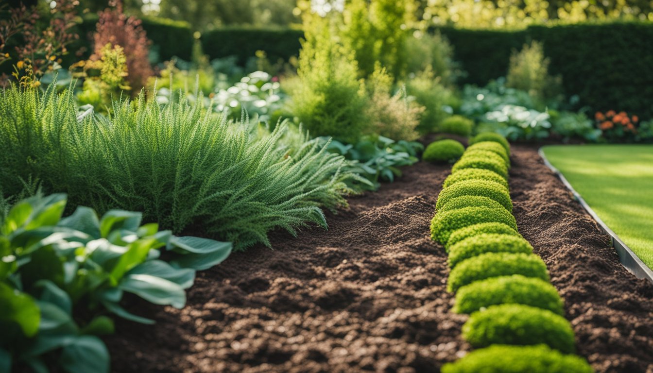 A lush garden bed with layers of organic mulch surrounding various plants and trees, demonstrating the benefits of mulching in UK gardens