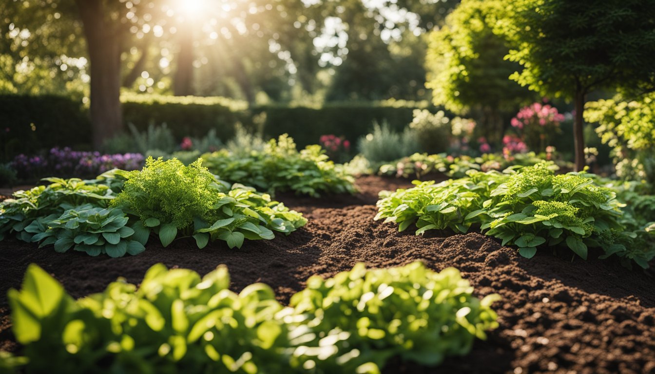 A lush garden bed with layers of mulch surrounding healthy, blooming plants. Sunshine filters through the trees, casting dappled shadows on the ground