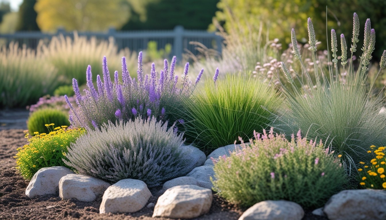A garden with healthy drought-resistant native UK plants including lavender, heather, and grasses growing among rocks and soil under natural sunlight.