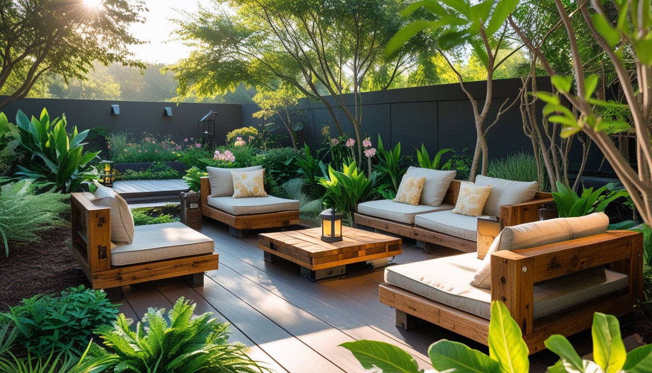 An outdoor seating area with wooden furniture surrounded by green plants and flowers in a garden.