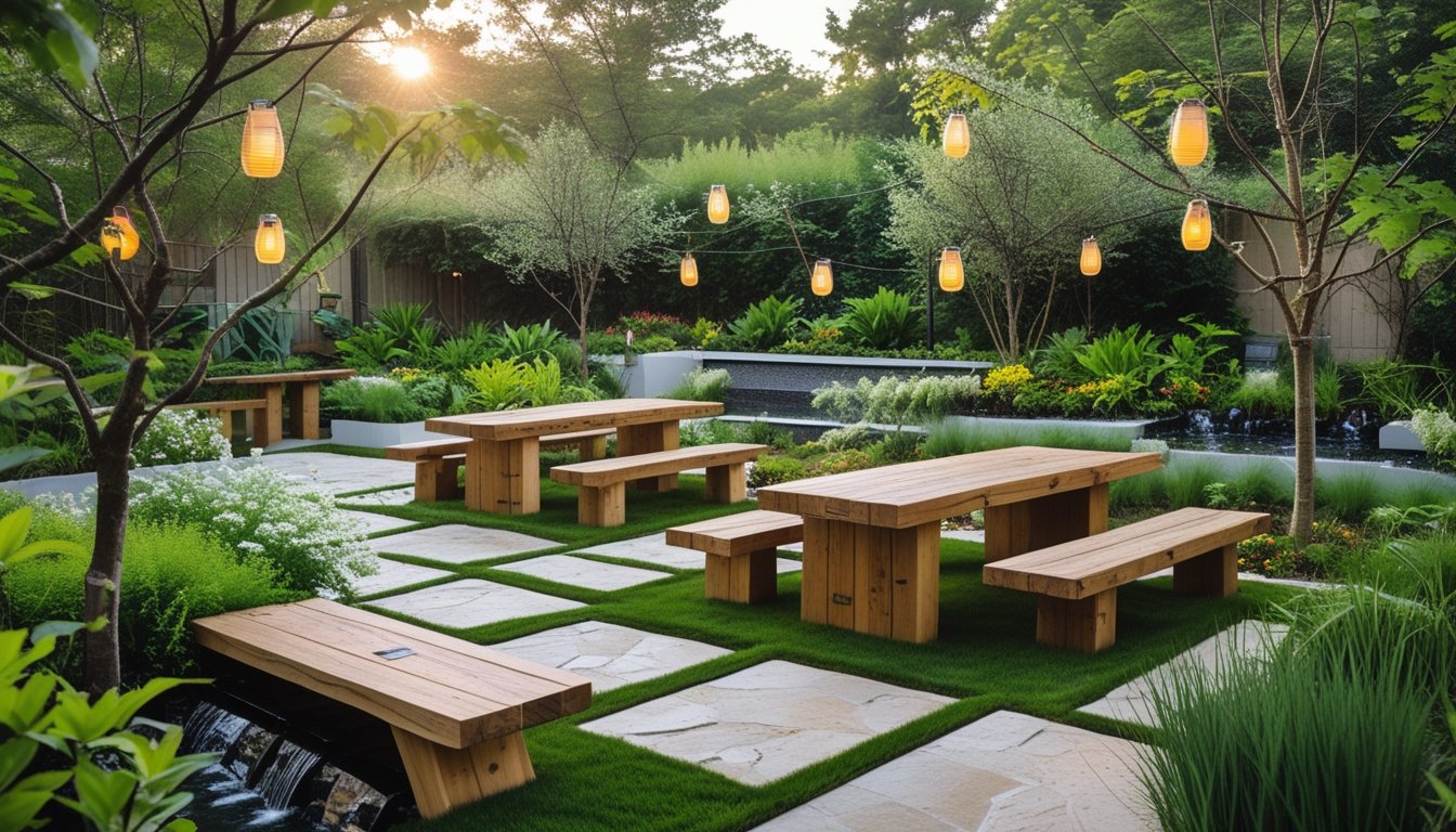 An outdoor seating area with wooden benches and tables surrounded by green plants, flowers, and trees, featuring solar lanterns and a small water feature.
