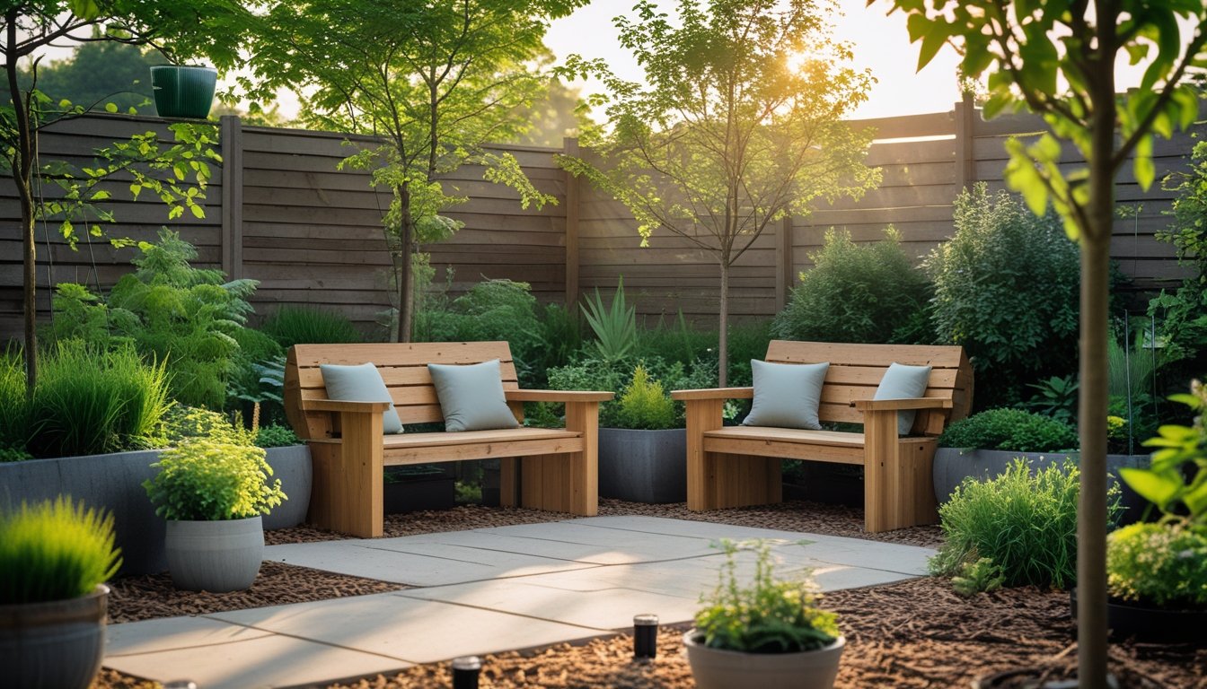 An outdoor seating area with wooden furniture surrounded by green plants and natural stone paving in a garden.