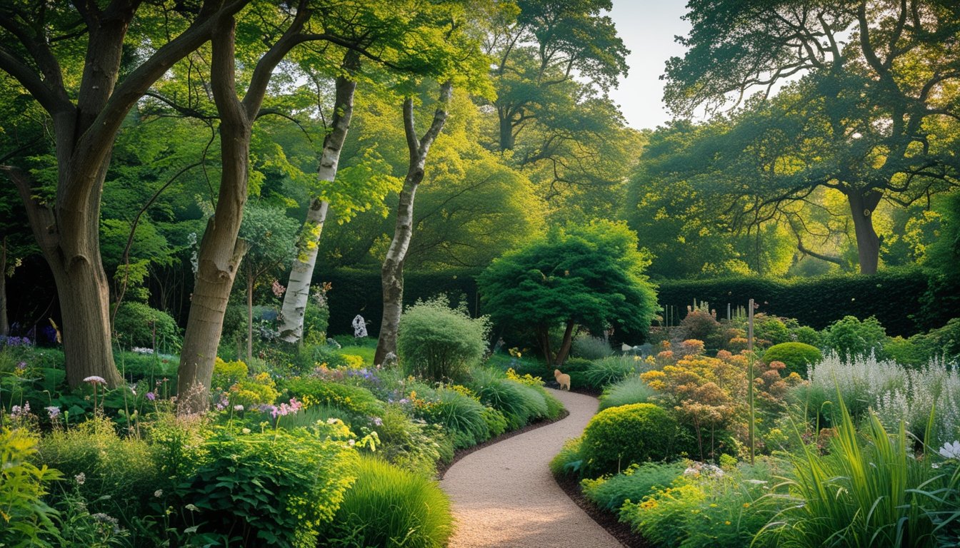 A peaceful garden filled with native UK trees, wildflowers, and small wildlife like birds and butterflies.